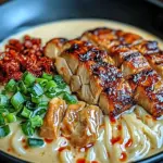 Fiery Chicken Ramen with Creamy Garlic Sauce