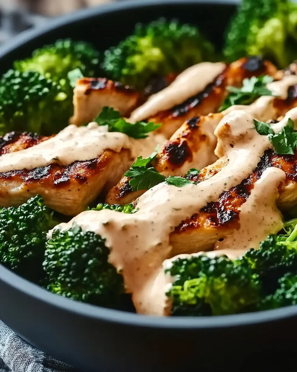 Grilled Chicken & Broccoli Bowls with Creamy Garlic Sauce