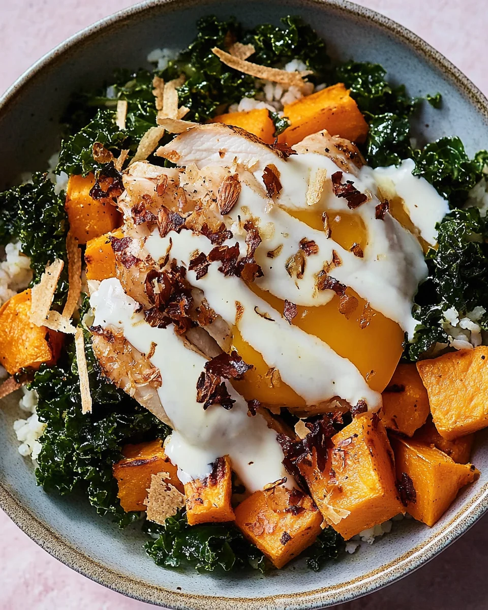 Roasted Chicken, Sweet Potato, and Kale Bowls