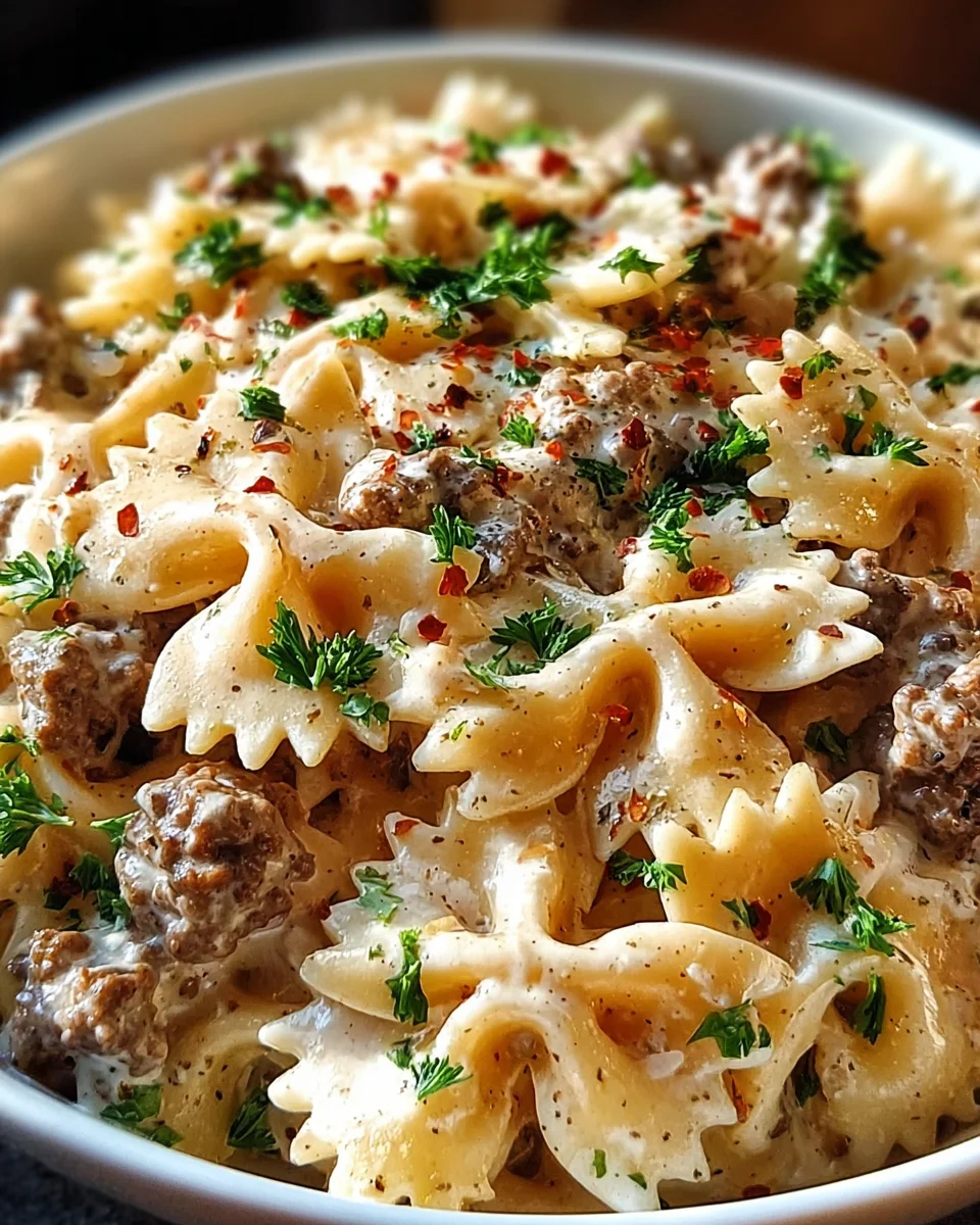 Beef and Bowtie Pasta with Alfredo Sauce