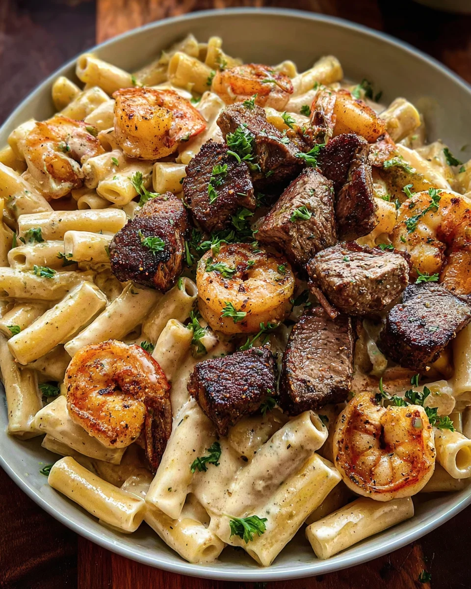 Blackened Steak and Shrimp Alfredo