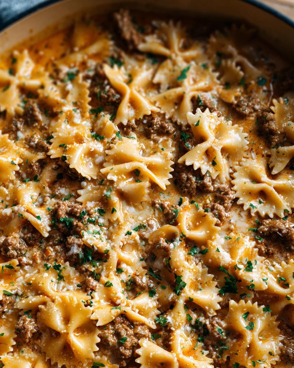 Cheesy Beef and Bowtie Pasta in Garlic Butter