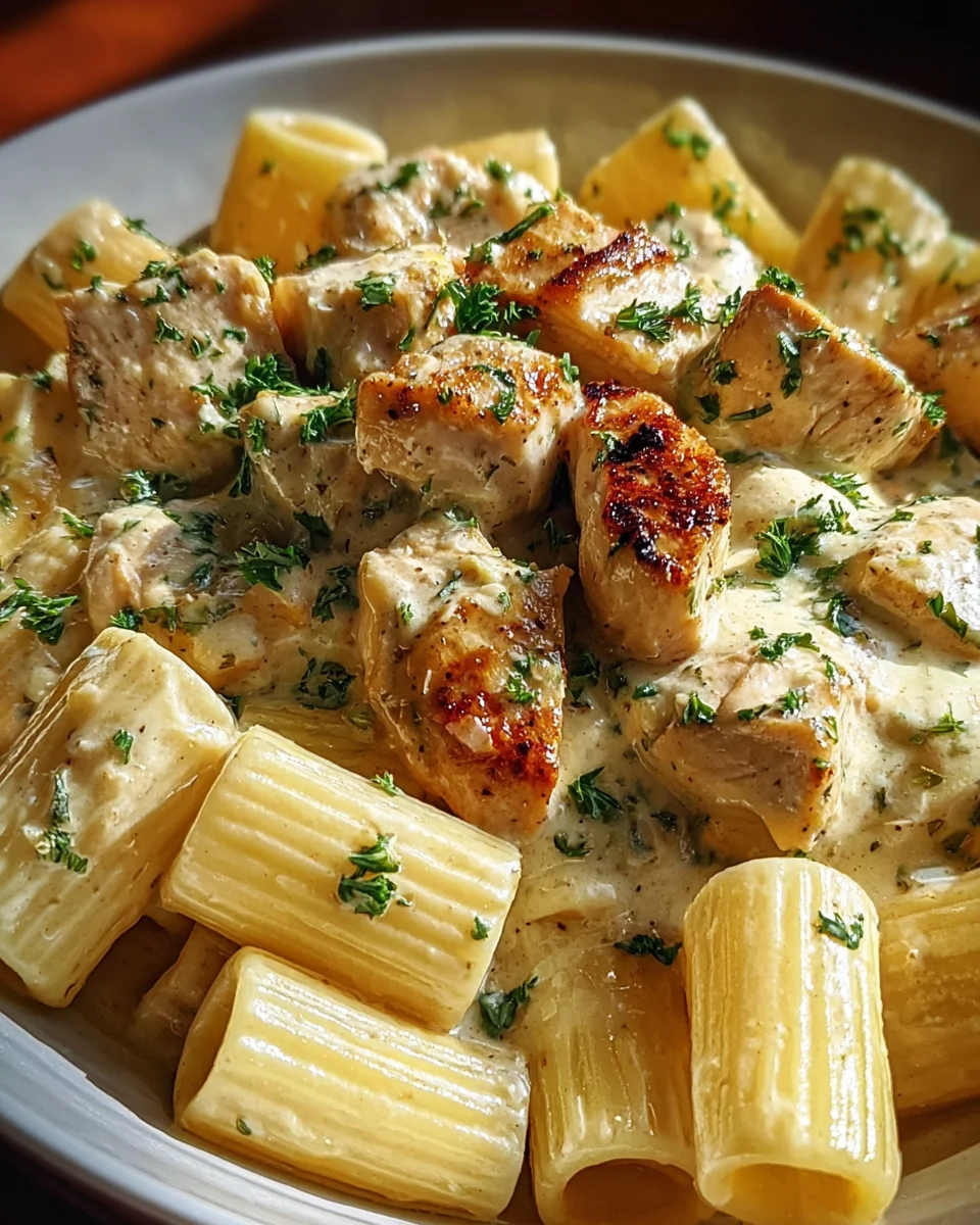 Creamy Garlic Butter Chicken and Rigatoni in Parmesan Sauce