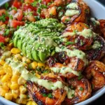 Grilled Shrimp Bowl with Avocado, Corn Salsa & Creamy Garlic Sauce