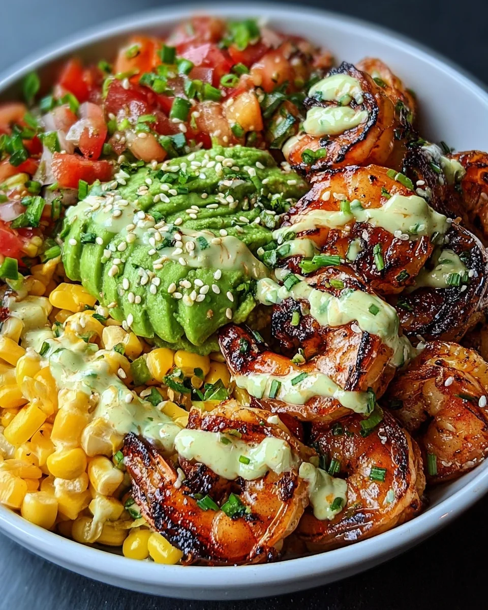 Grilled Shrimp Bowl with Avocado, Corn Salsa & Creamy Garlic Sauce