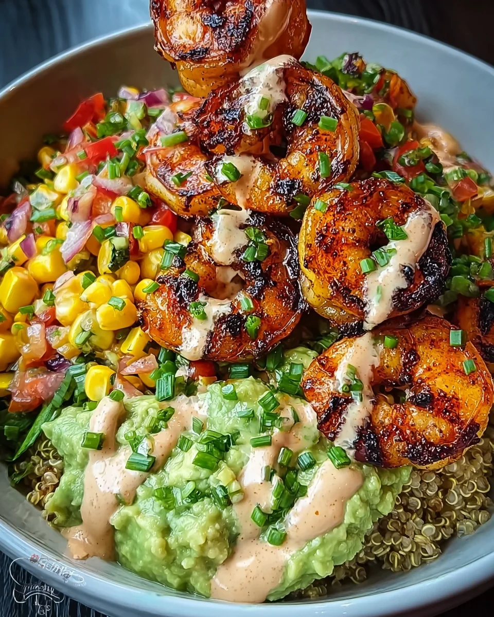 Grilled Shrimp Bowl with Avocado, Corn Salsa & Creamy Sauce