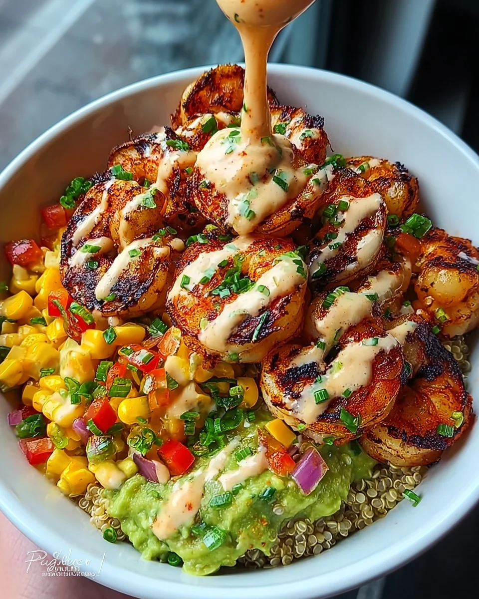 Grilled Shrimp Bowl with Avocado, Corn Salsa & Creamy Sauce 32 Grilled