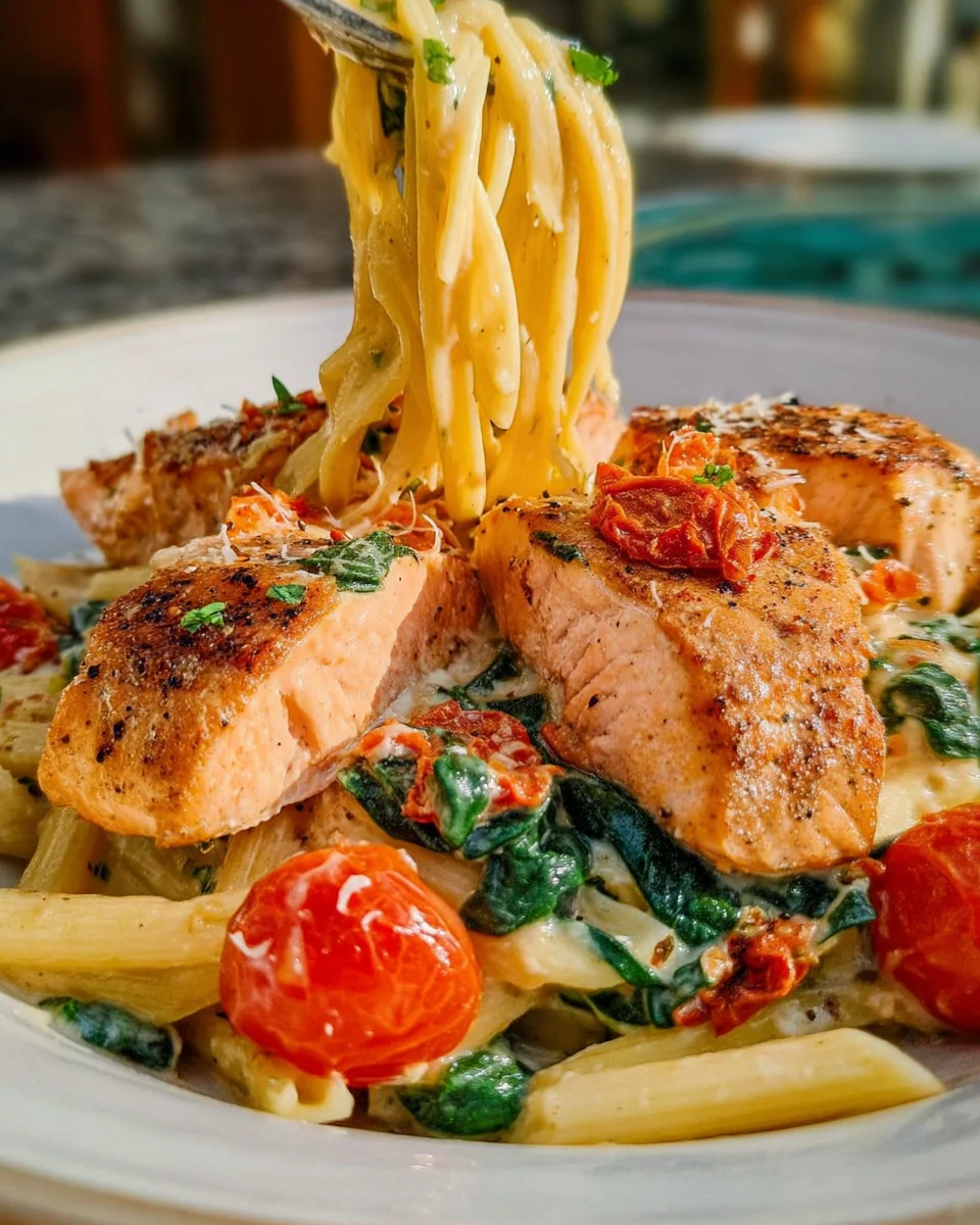 Healthy & Creamy Tuscan Salmon Pasta