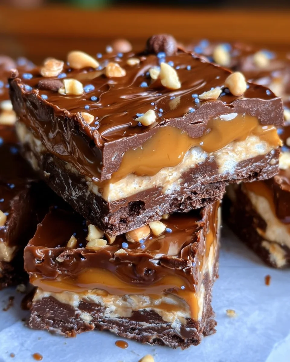 No Bake Crispy Snickers Bars