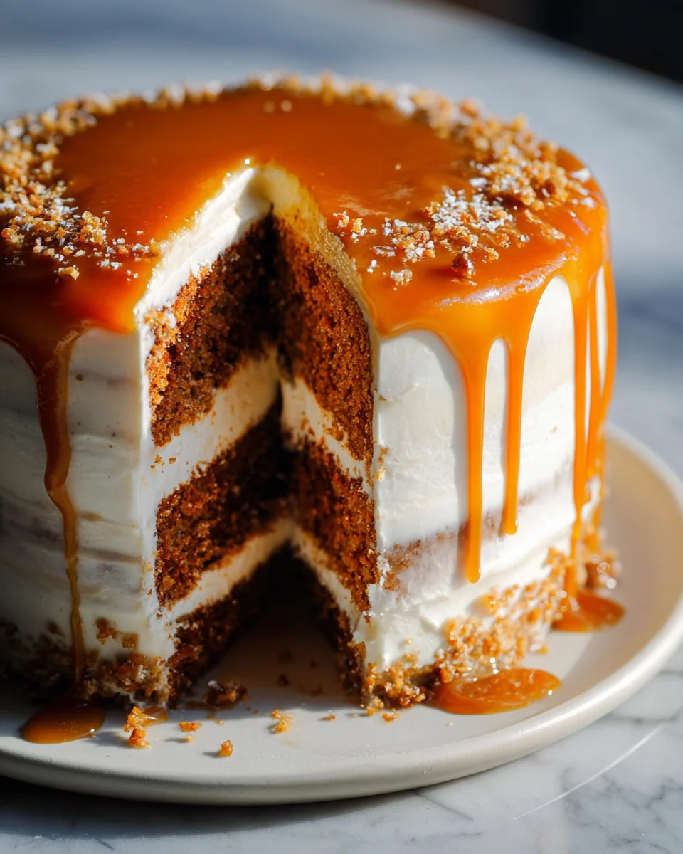 Pumpkin Cake with Cream Cheese Frosting and Salted Caramel Drizzle