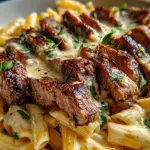 Steak and Creamy Garlic Parmesan Pasta