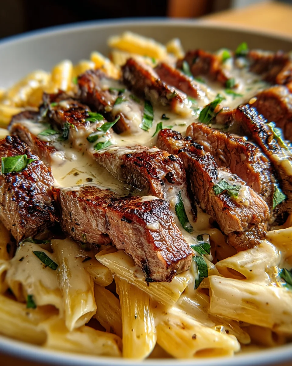 Steak and Creamy Garlic Parmesan Pasta