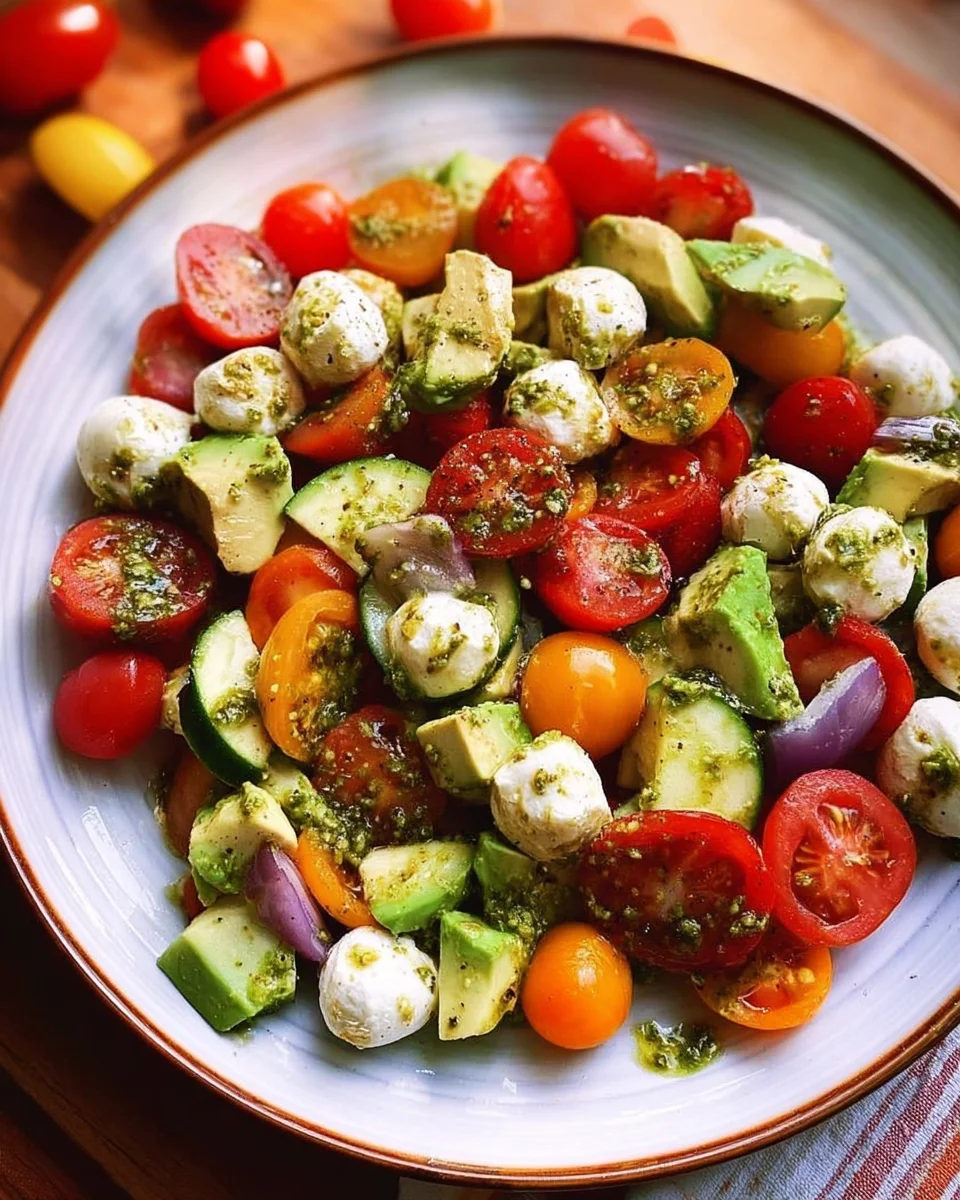 Tomato Cucumber Avocado Salad with Mozzarella and Basil Pesto