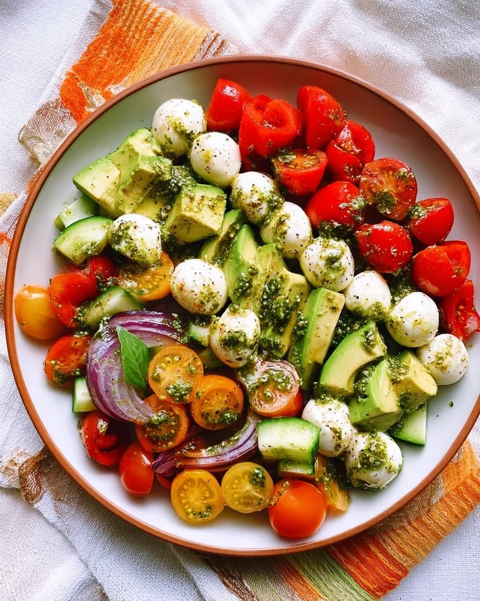 Tomato Cucumber Avocado Salad with Mozzarella and Basil Pesto 17 Tomato